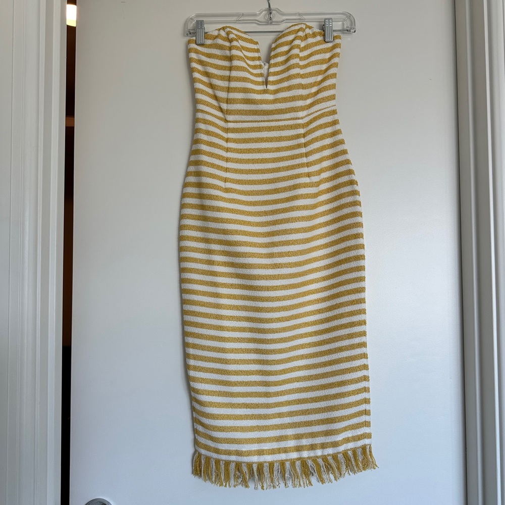 LPA Strapless Dress in Yellow and White Stripes | Size XS